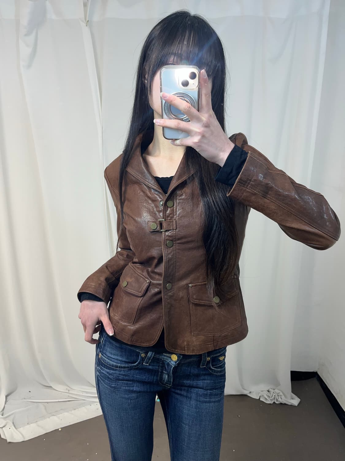 브라운 램스킨 버튼 기믹 레더 자켓 상품이미지2