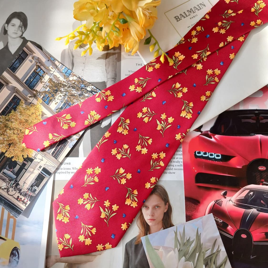 피에르 발망 레드 플라워 패턴 넥타이 9.9cm A등급 A19707 상품이미지3