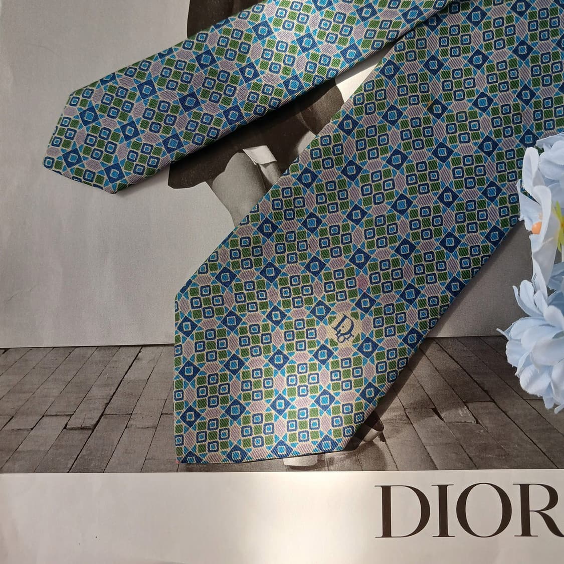 크리스찬 디올 실크 블루 기하학 패턴 넥타이 7.8cm B등급 E893 상품이미지3