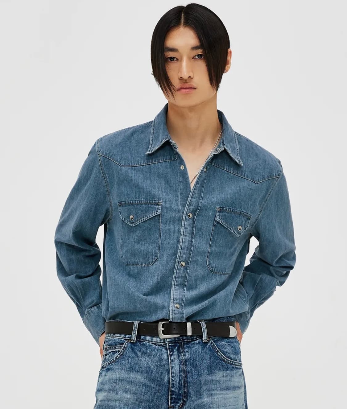 (46) 엘무드 테리 데님 셔츠 미들 블루 상품이미지1