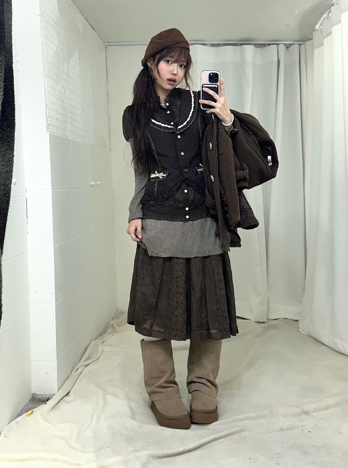 액시즈팜 브라운 레이스 코트 니혼진 모리걸 코디세트 상품이미지3