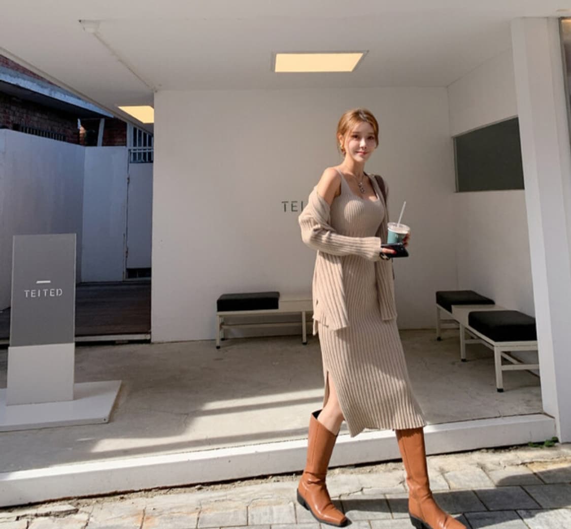 니트 롱 원피스 + 가디건 세트 상품이미지5