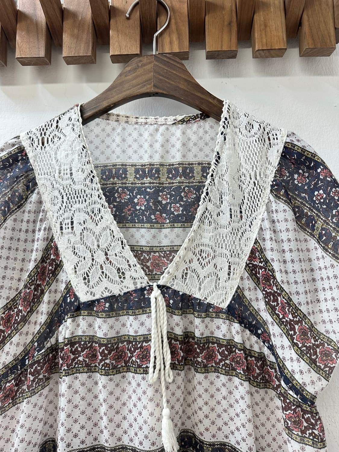 일본빈티지 레이스 세일러 카라 플로럴 보더 패턴 튜닉 블라우스 원피스 상품이미지2