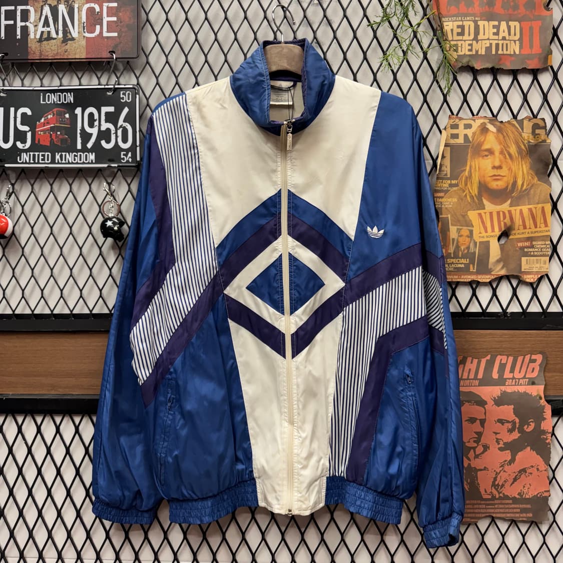 90s 아디다스 올드스쿨 바람막이 전후면 패턴 포인트 블루 화이트 상품이미지1