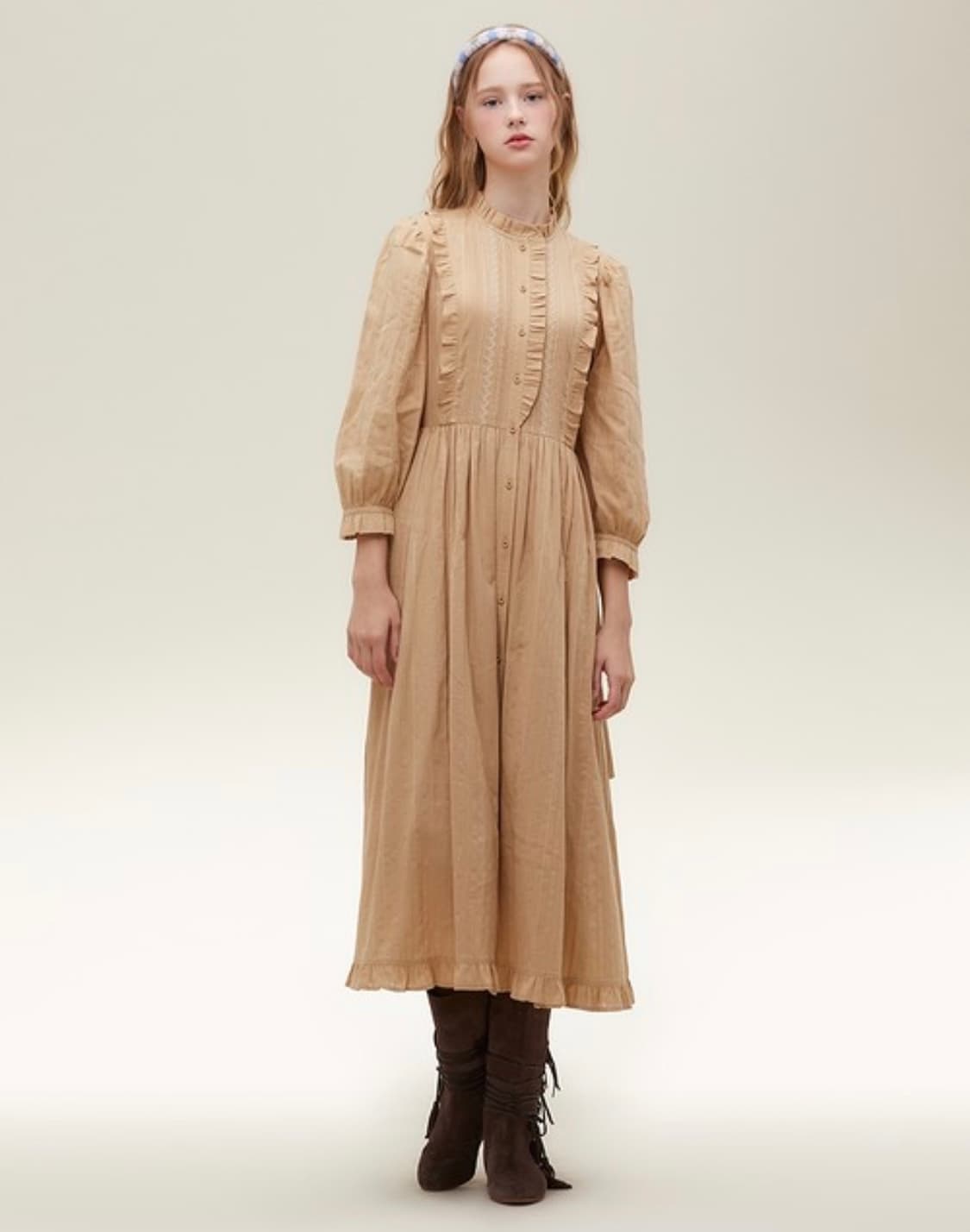 써스데이아일랜드 핀턱 프릴 자수 롱원피스 상품이미지1