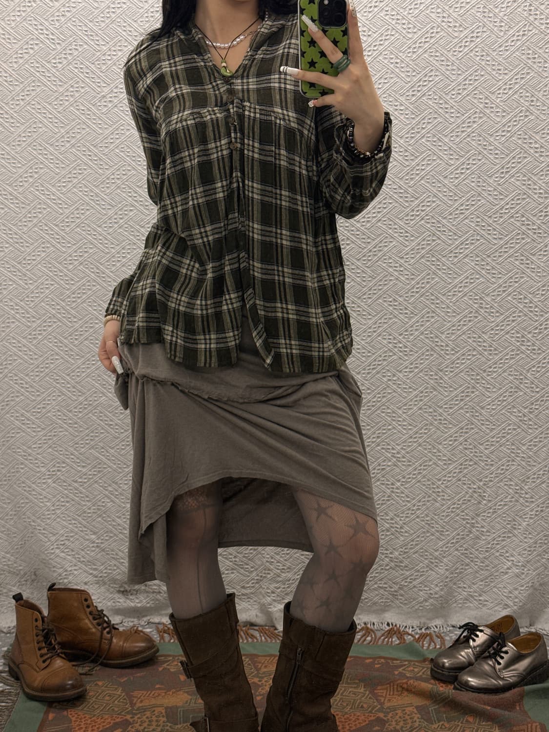 빈티지 러블리 코지 타탄체크 말차카키 셔링 후드 블라우스 K0109 상품이미지1