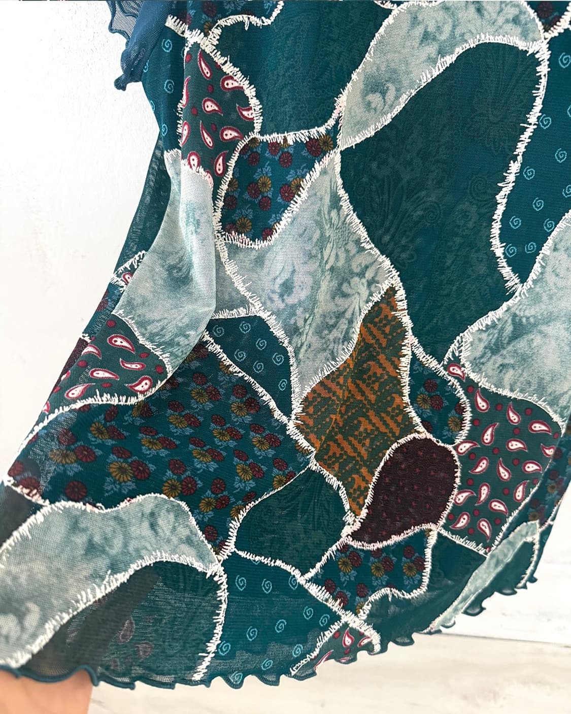 Teal Blue Designed Mesh Short Sleeve Top 상품이미지8