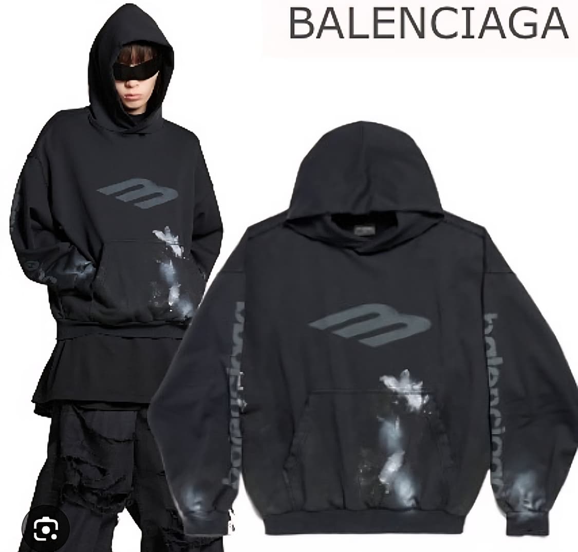 발렌시아가 3B 로고 페인트 후드 티셔츠 블랙 화이트 상품이미지1