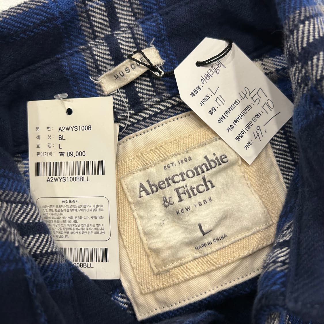 [L] 아베크롬비 네이비 체크 셔츠 새상품 상품이미지3