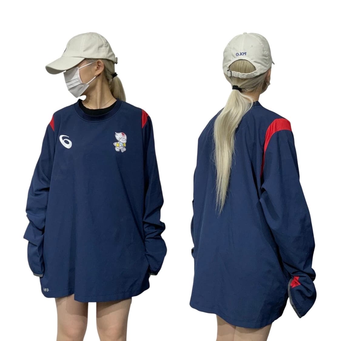 아식스 네이비 올드스쿨 오버핏 웜업 바람막이 긴팔티 105 상품이미지1