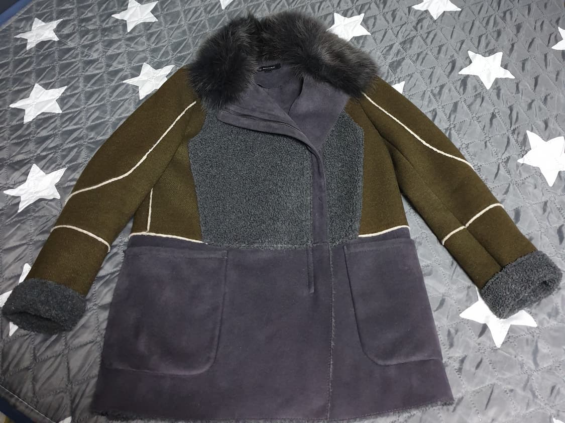 NICE CLAUP 폭스퍼 울혼방 스웨이드 사선지퍼 미디코트 (55) 상품이미지1