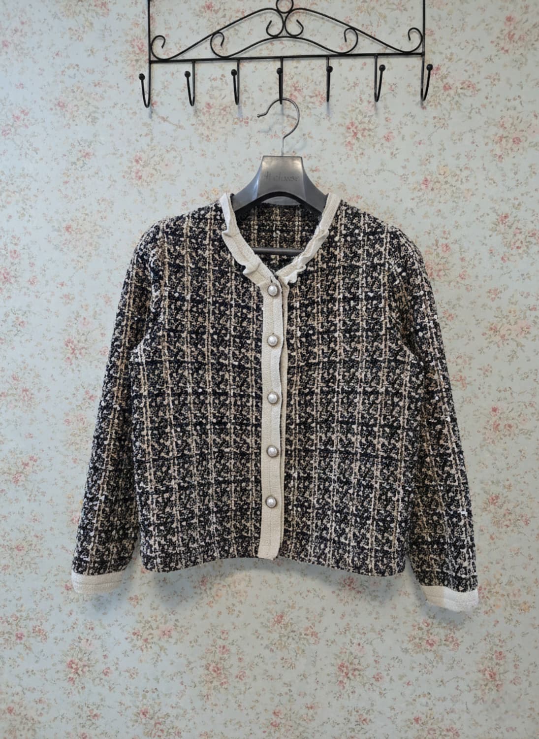트위드 가디건 블랙 베이지 진주 단추 55 상품이미지1