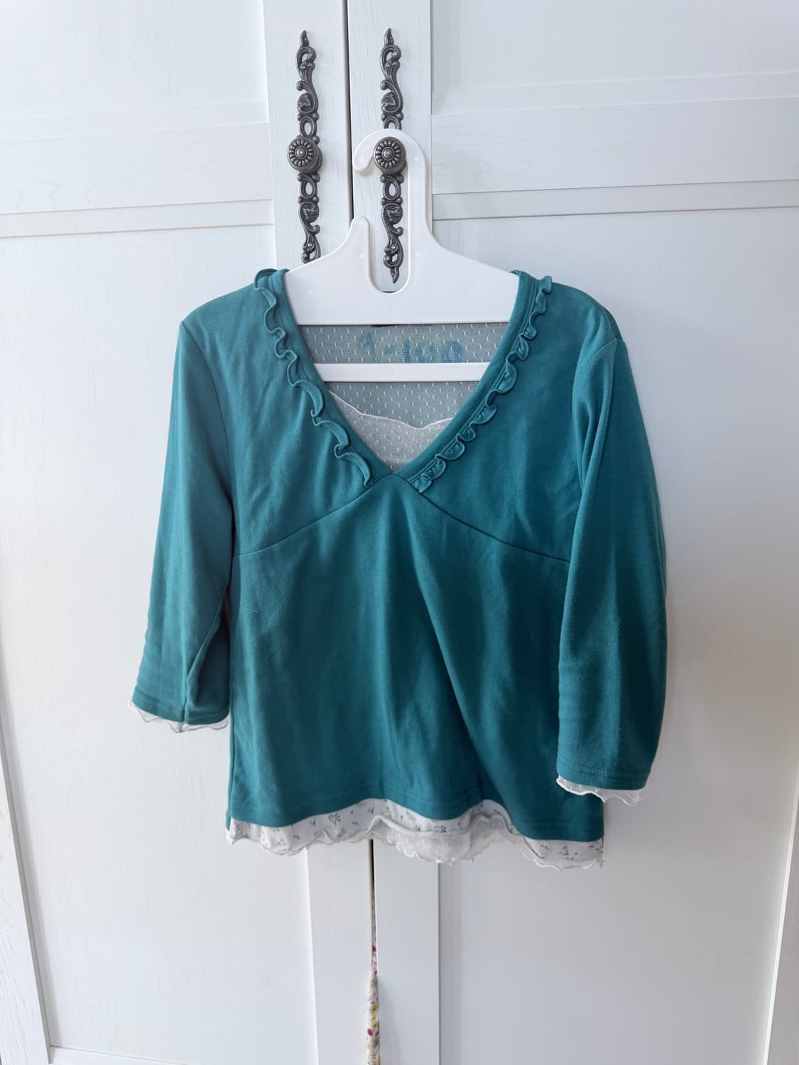 파란 레이스 레이어드 긴팔 + 니트가디건 세트 상품이미지2