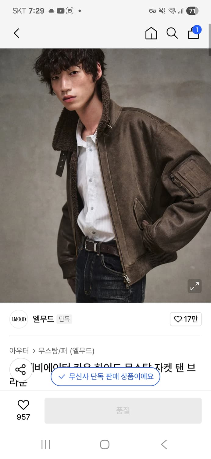 엘무드 A2 에비에이터 카우 하이드 무스탕 자켓 탠 브라운 상품이미지1