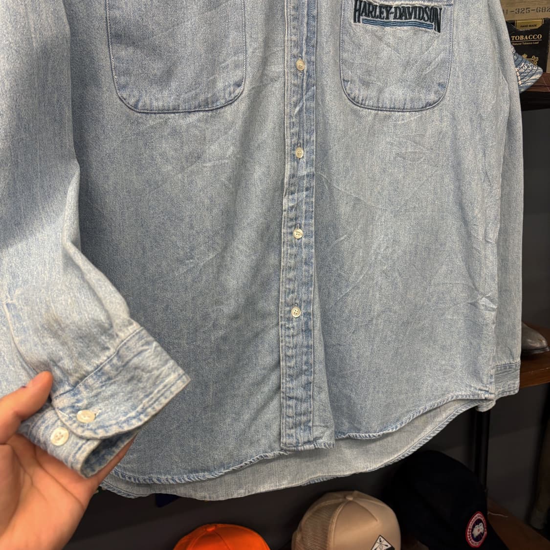 90s 할리데이비슨 클래식 워크 데님셔츠 레터링 패치포켓 N735 상품이미지4