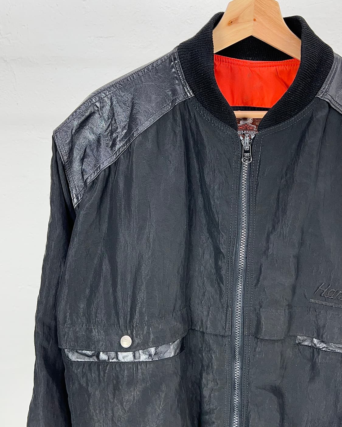 90s 할리데이비슨 블랙 나일론 레더 패치 포켓 블루종 자켓 상품이미지2