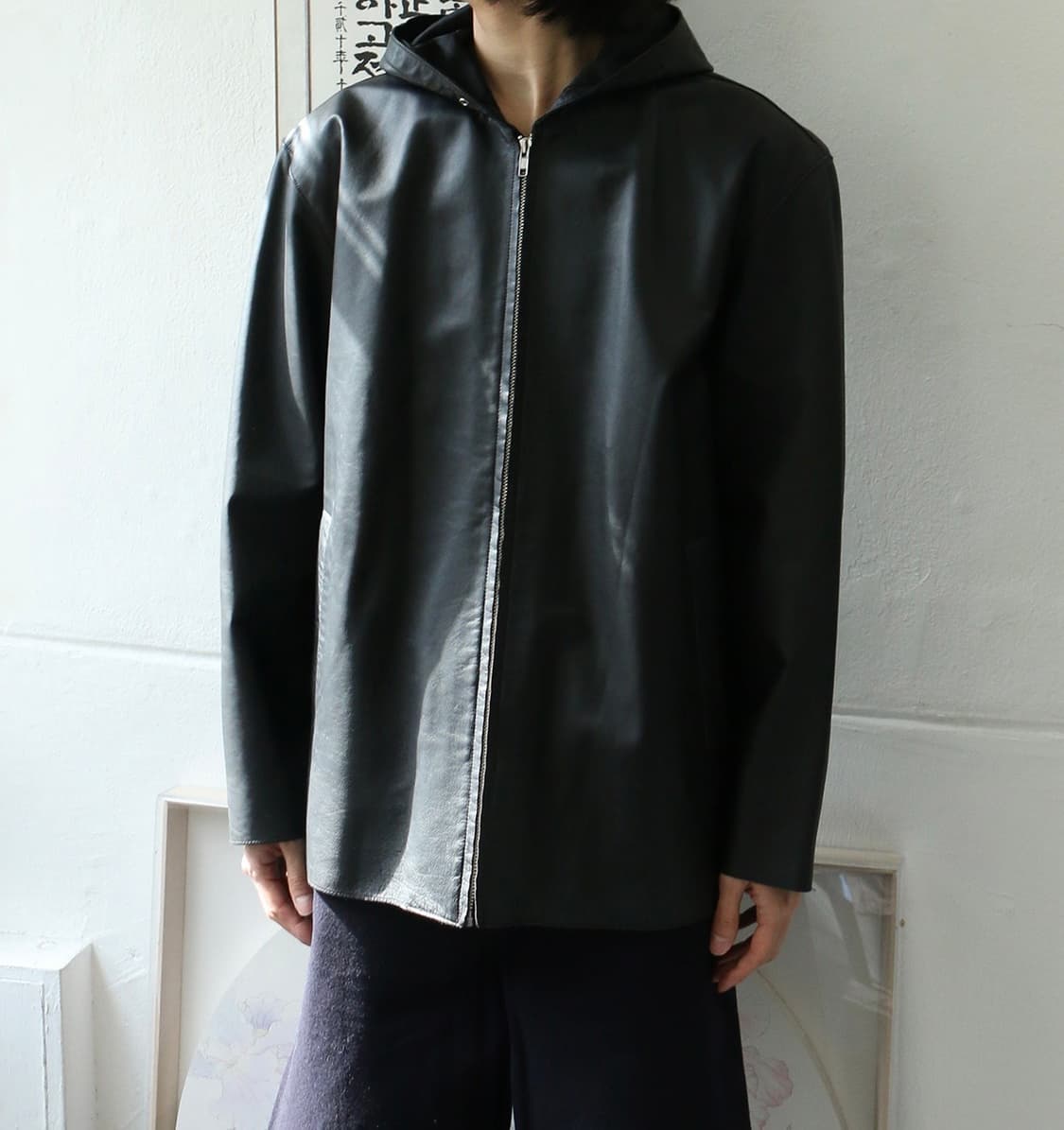 빔즈 블랙 레더 후드 집업 자켓 상품이미지1