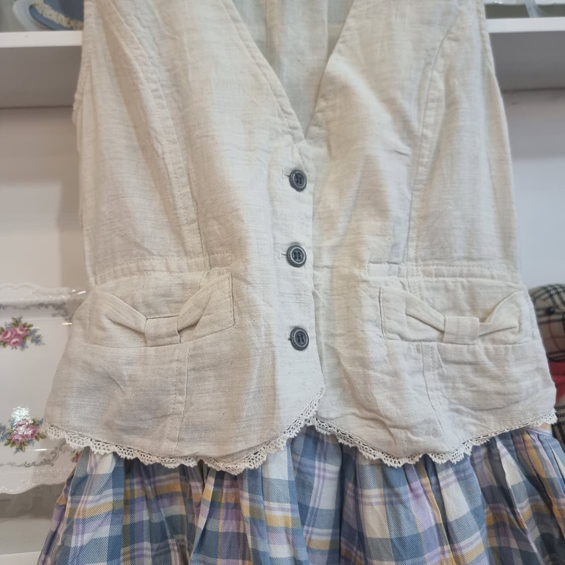 린넨 베스트 체크 스커트 세트 상품이미지2