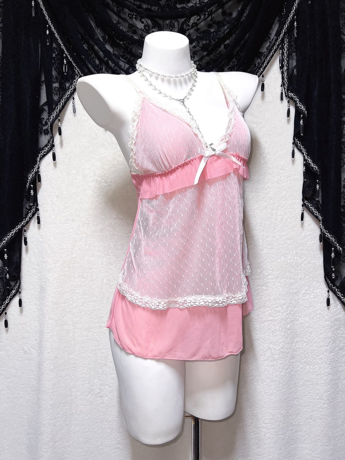 히메갸루 로맨틱 로걀 핑크 도트 레이스 프릴 슬리브리스 나시 슬립 핀터 상품이미지3