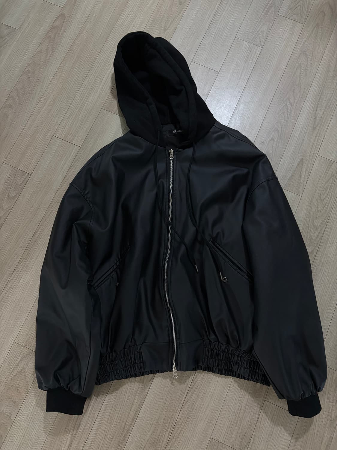 후드 레더 자켓 블랙 상품이미지2