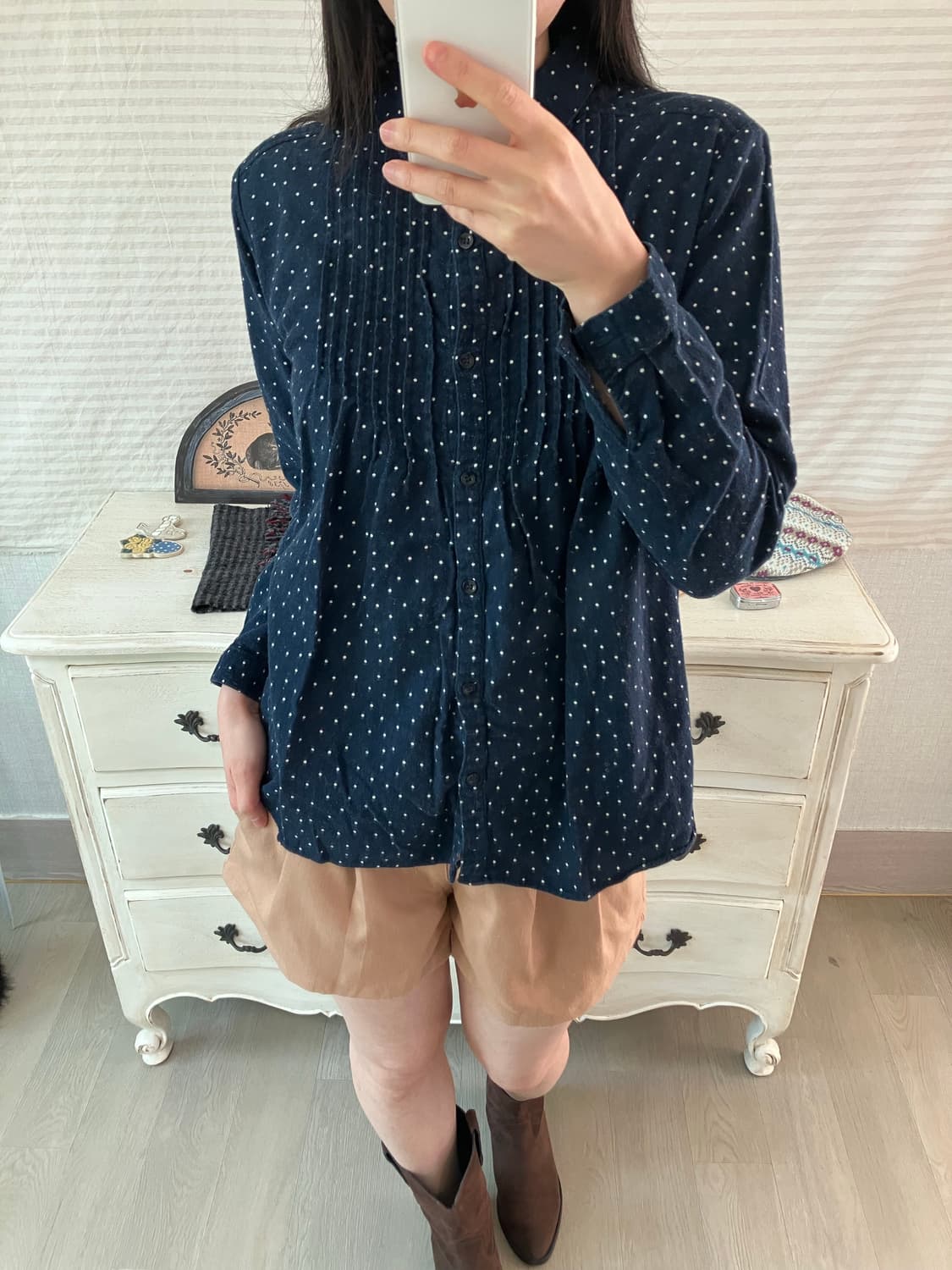 빈티지 네이비 도트 프릴 긴팔 y2k 스트릿 갸루 펑키  상품이미지3