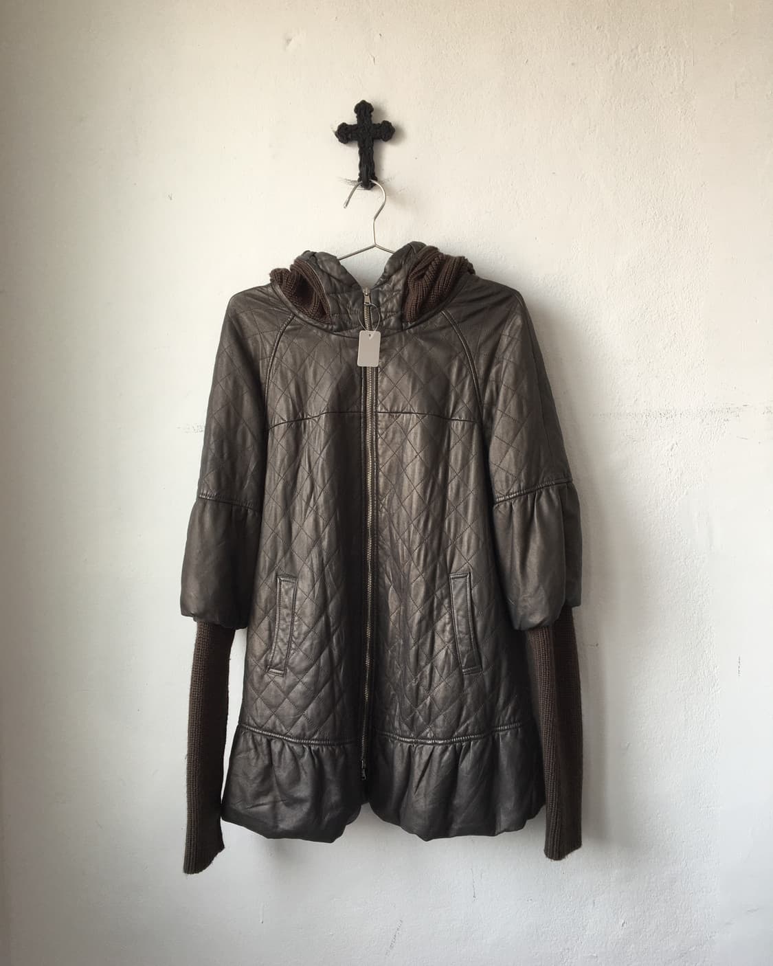 Knit layered leather hood coat 상품이미지2