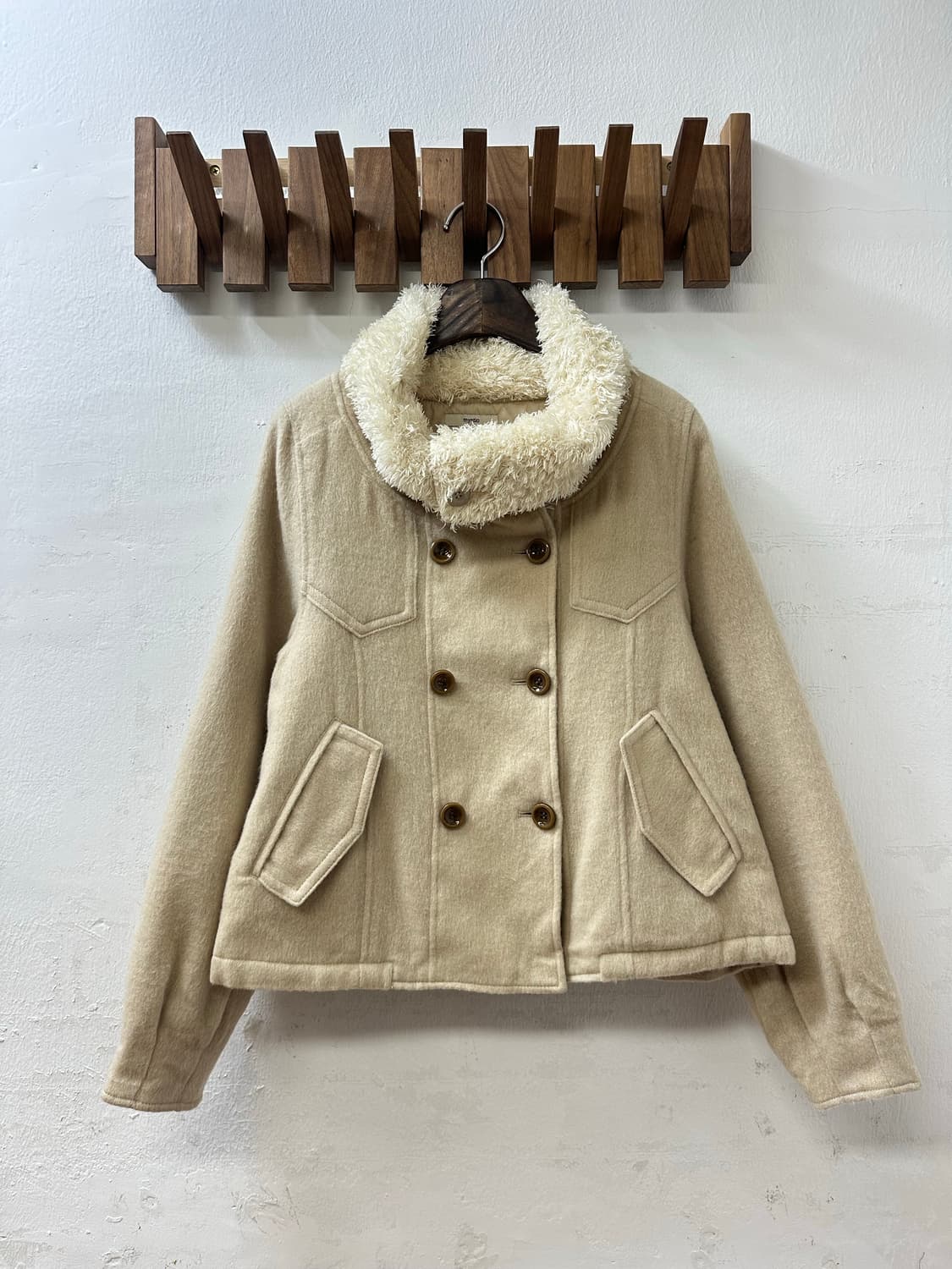 일본빈티지 mystic 베이지 퍼 하이넥 울 혼방 코트 상품이미지1
