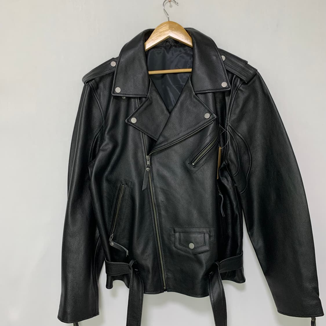빈티지 사선 지퍼 벨트 리얼레더 라이더 자켓 소가죽 블랙 L 상품이미지3