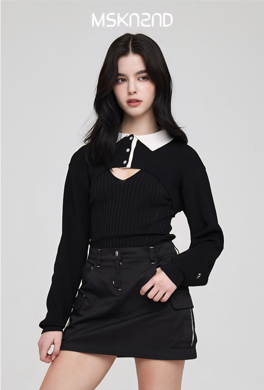 [이채연 착용]MSKN2ND 럭비 레이어드 스웨터 블랙 S 상품이미지1