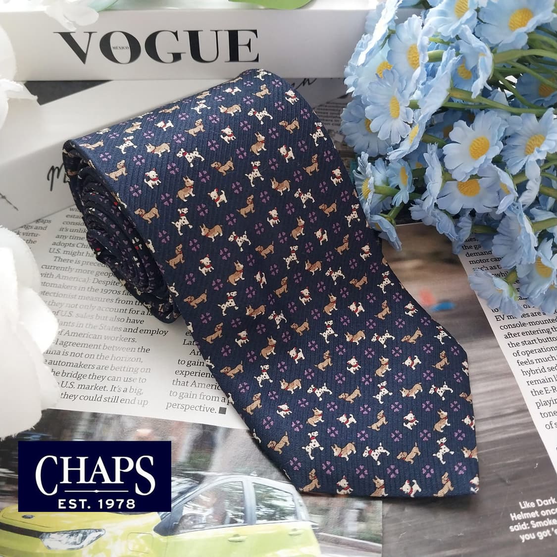 챕스 실크 네이비 강아지 패턴 넥타이 7.5cm A+등급 K1762 상품이미지1