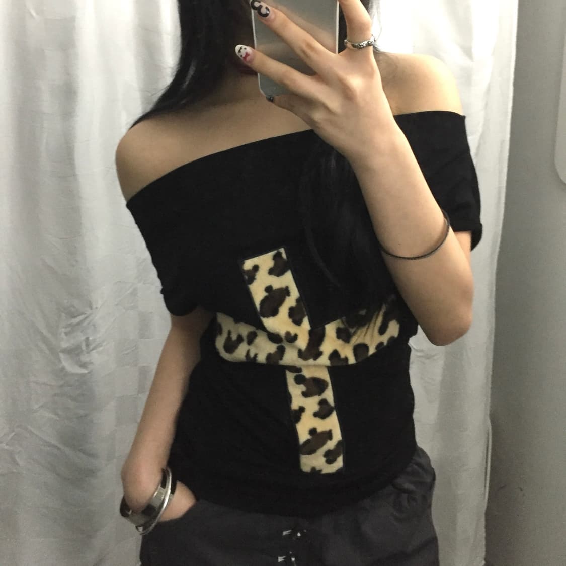 갸루 펑크 레오파드 퍼 원숄더 티 상품이미지2