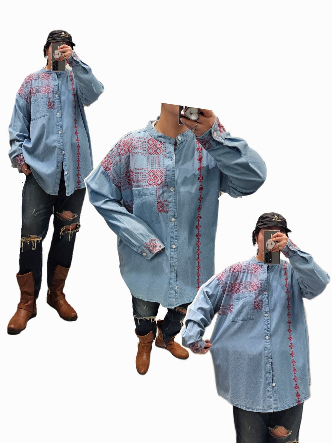 India 헨리넥 자수 데님셔츠 상품이미지2