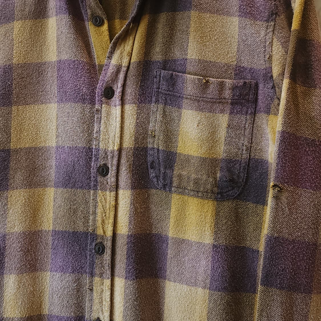 90s 빈티지 체크셔츠 헤비 플란넬 워크셔츠 썬페이딩 퍼플 옐로우 L 상품이미지6