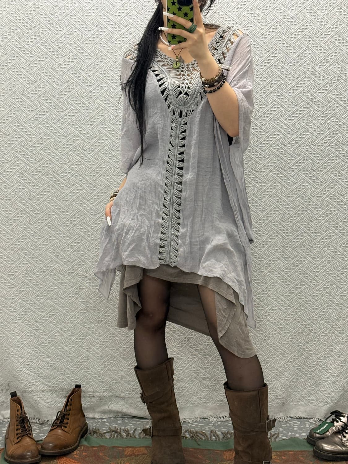 빈티지 히피 페어리 언발 크로셰 뜨개 반팔 레이어드 티 K0117 상품이미지1