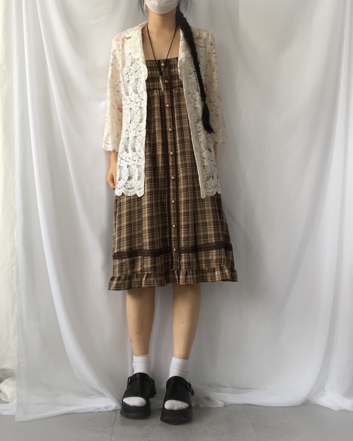 Lace trimming check pattern onepiece 상품이미지6
