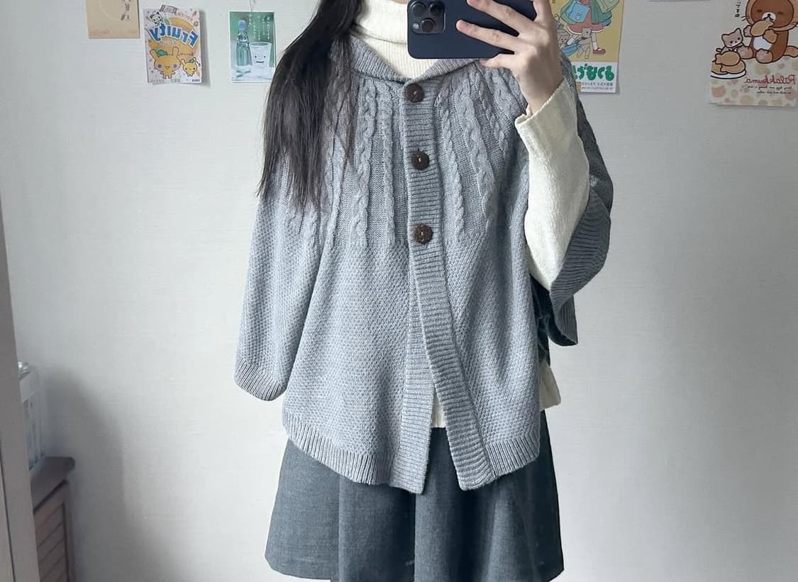 사와코 케이블 니트 케이프 모리걸 판초 코트 일녀 상품이미지1