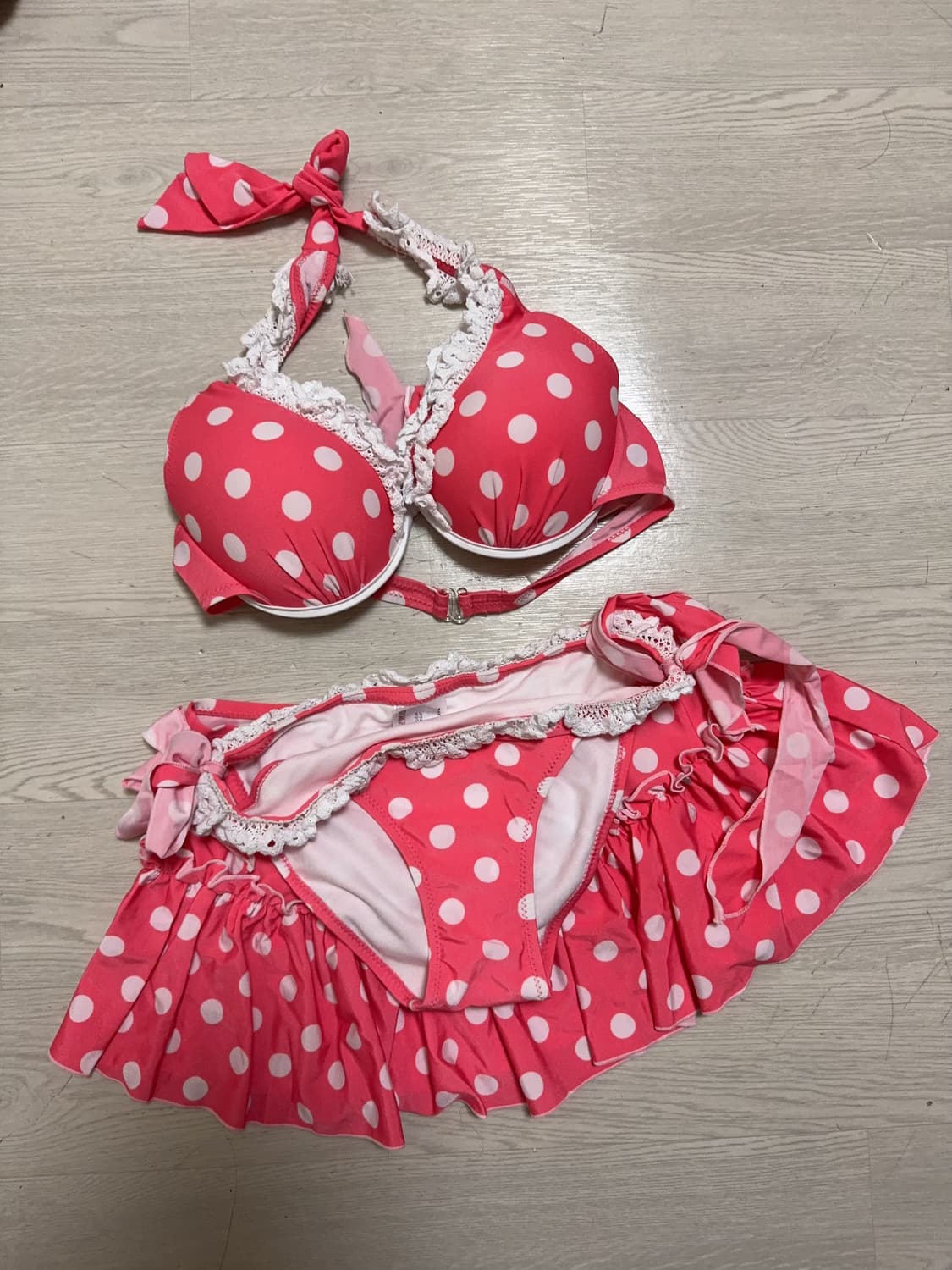 갸루 리즈리사 st 일본 빈티지 레이스 핑크 도트 리본 비키니 세트 L 상품이미지1