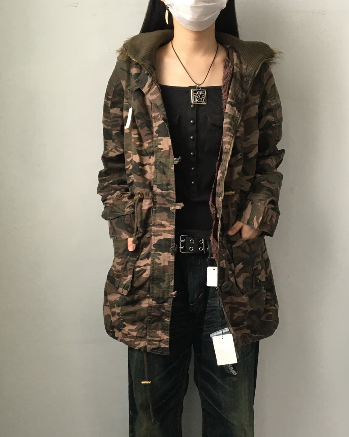 Fake fur hood camo pattern jacket 상품이미지5