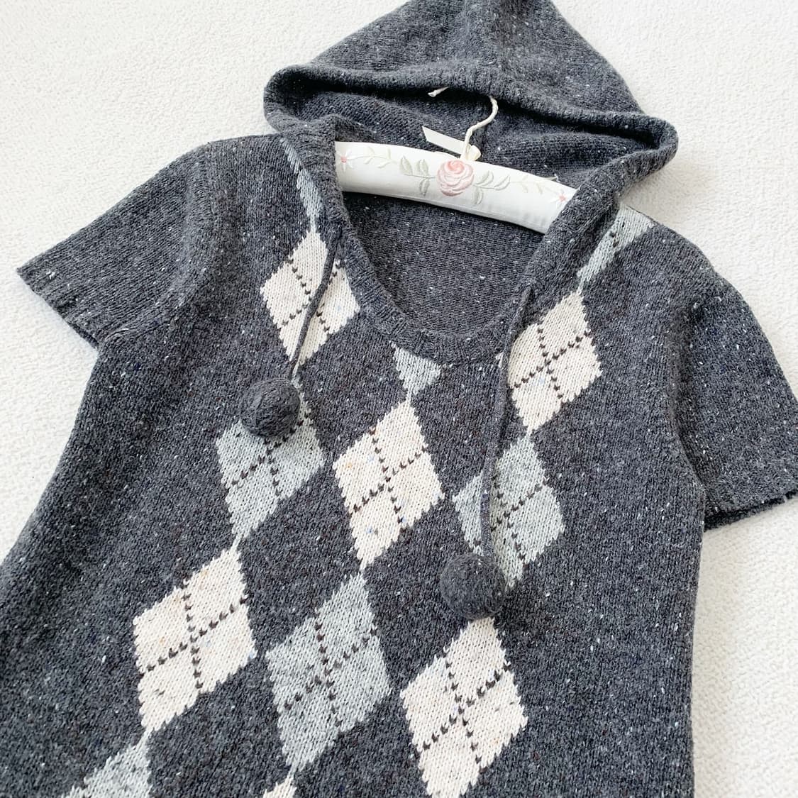 그레이 아가일 보카시 폼폼 후드원피스 상품이미지2