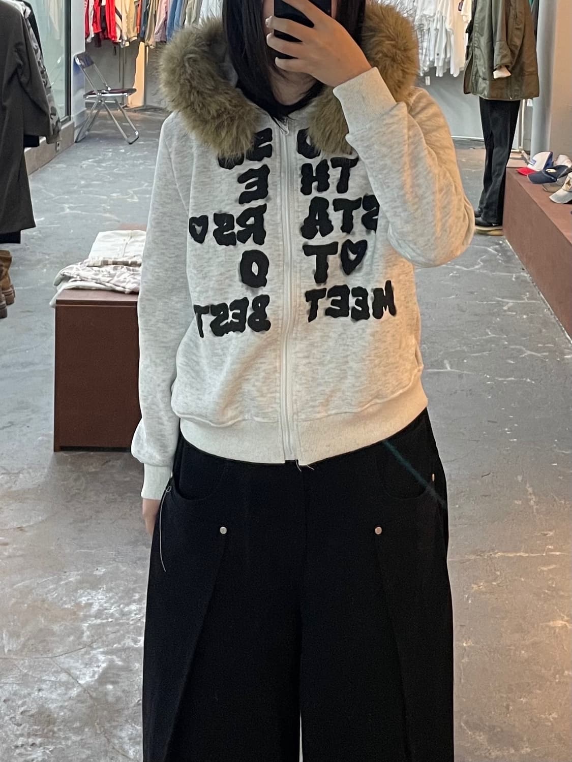 빈티지 레터링 퍼 후드집업 (퍼 탈부착 가능) H1571 상품이미지1