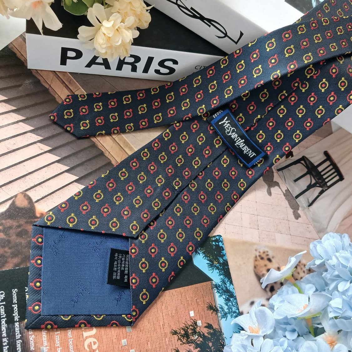 입생로랑 실크 네이비 로고 패턴 넥타이 9.8cm A등급 G29 상품이미지5