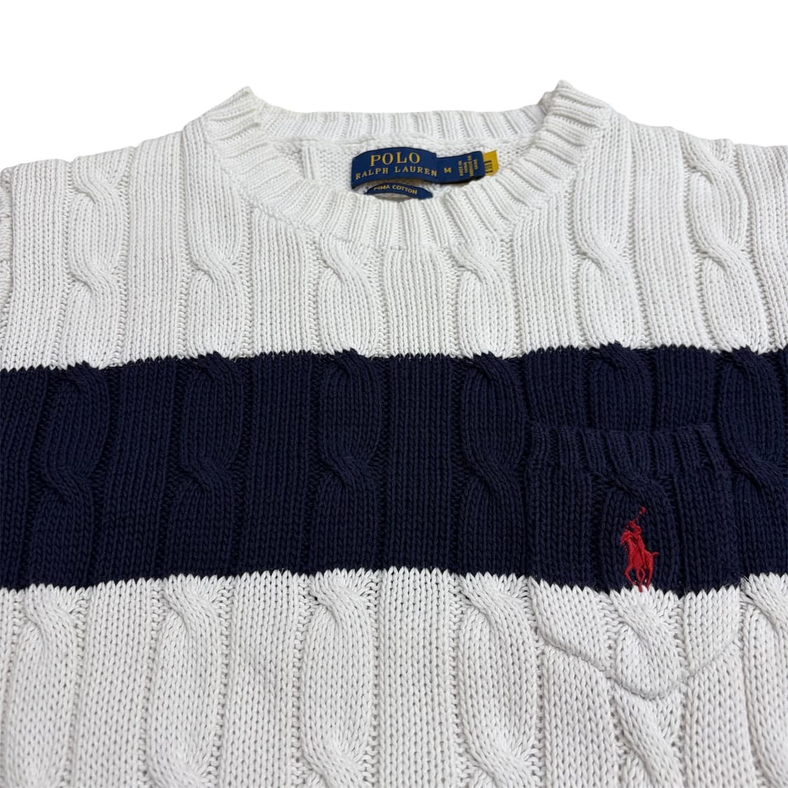 폴로 랄프로렌 여성 화이트 네이비 케이블 반팔 니트 (M) 상품이미지3