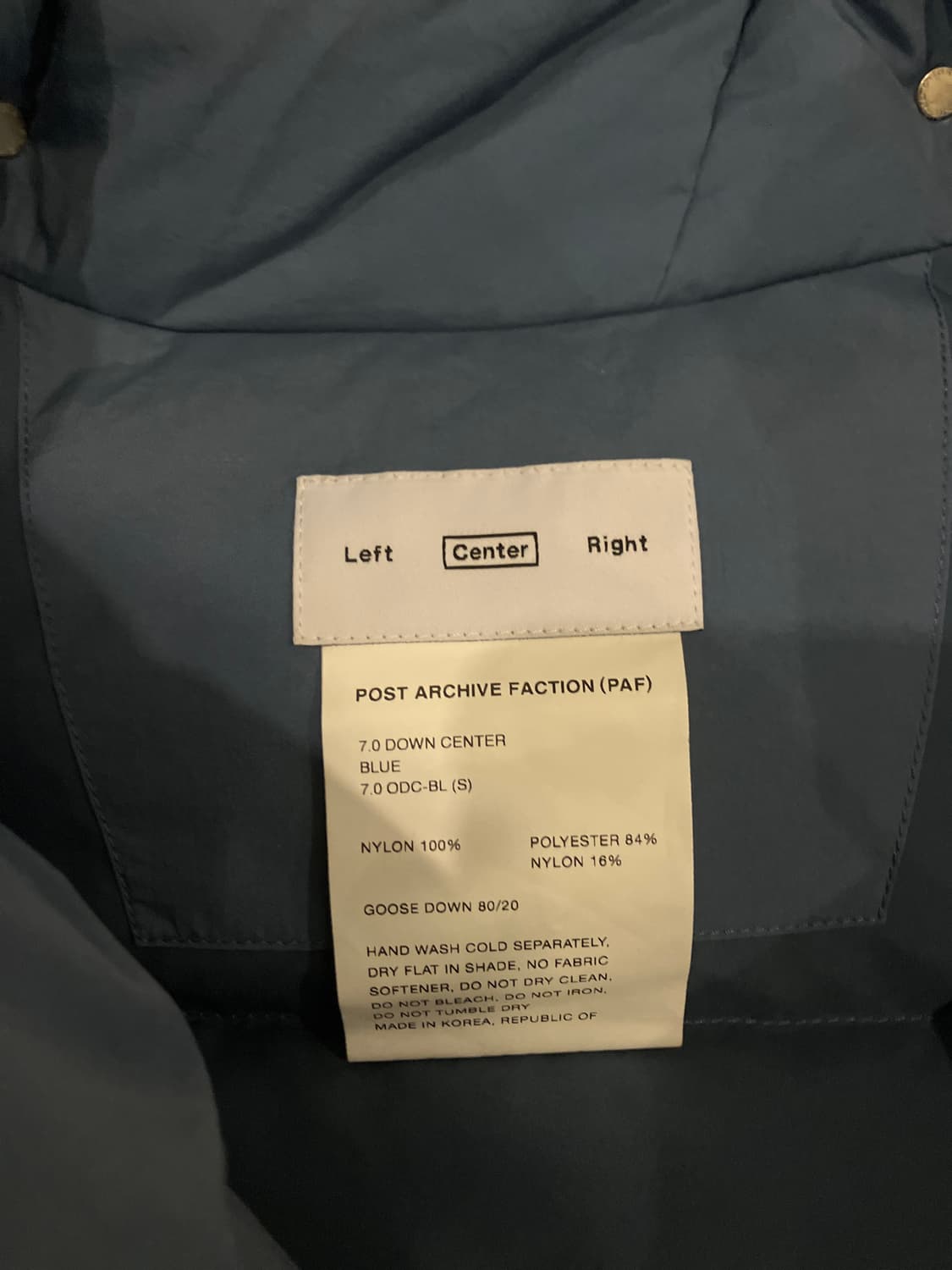 포스트 아카이브 팩션 블루 7.0 센터 다운 자켓 S사이즈 상품이미지4