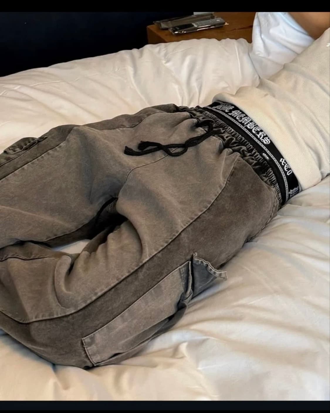 9NUTS 회색 그레이 워싱 와이드 데님 밴딩 카고 워크팬츠 절개 배색 상품이미지1