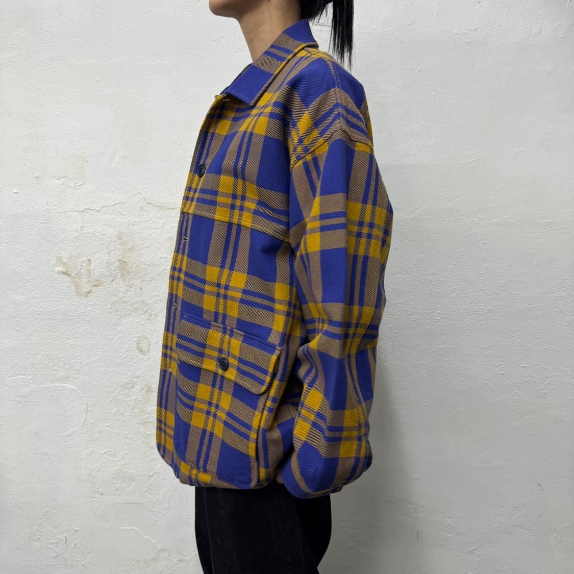 빔즈(BEAMS) 블루 머스타드 체크 패턴 코튼 빅실루엣 커버올 자켓 상품이미지2