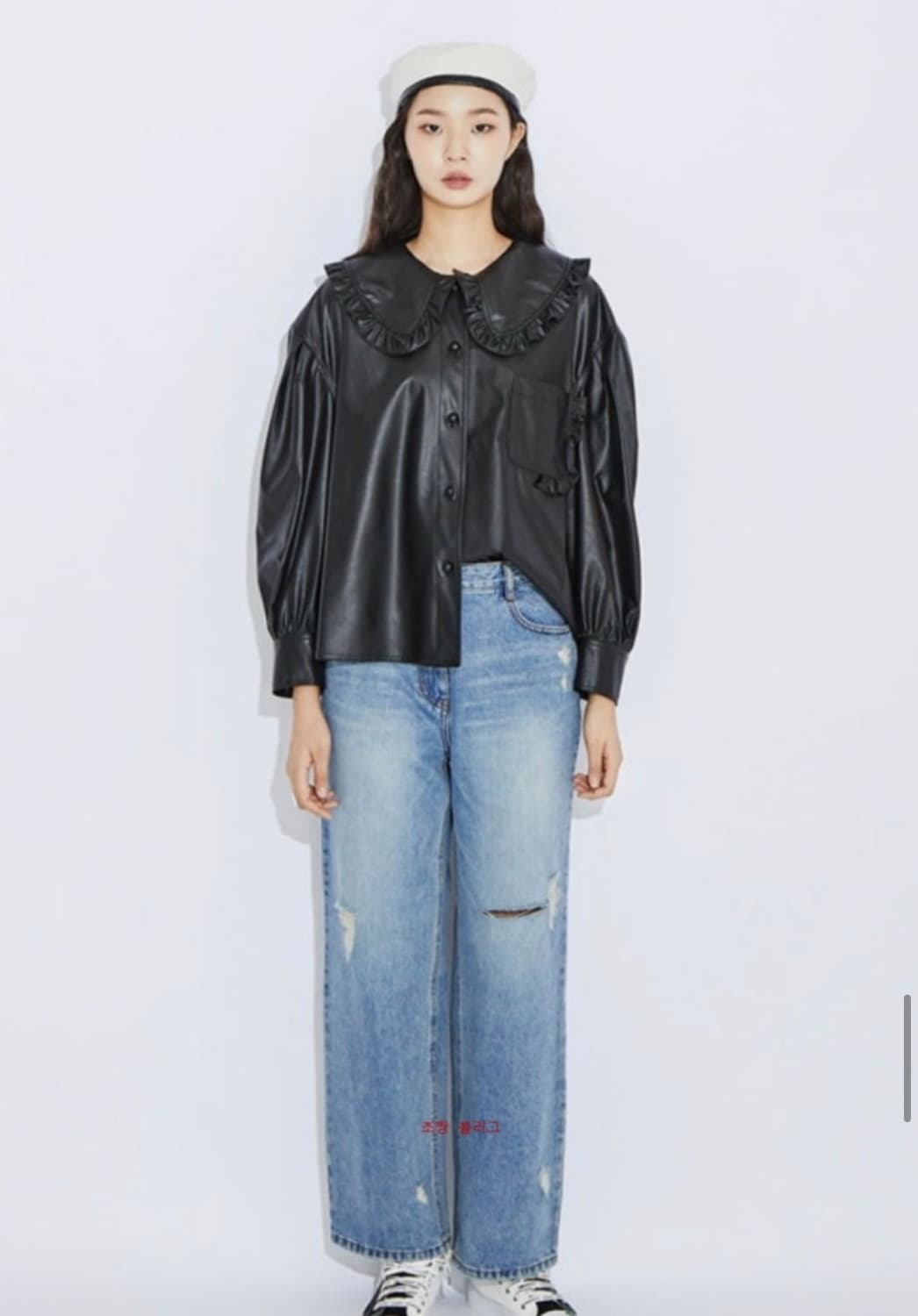 럭키슈에뜨 블랙 프릴 레더 셔츠 36 상품이미지1