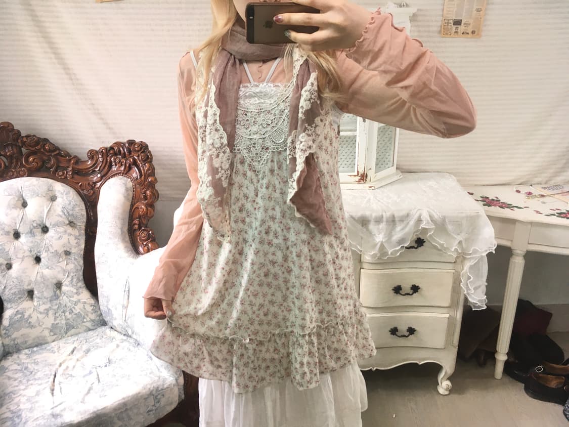 Set)잔꽃 하구미 원피스+홀터 레이스 나시+코랄블라우스 +레이스머플러 상품이미지1