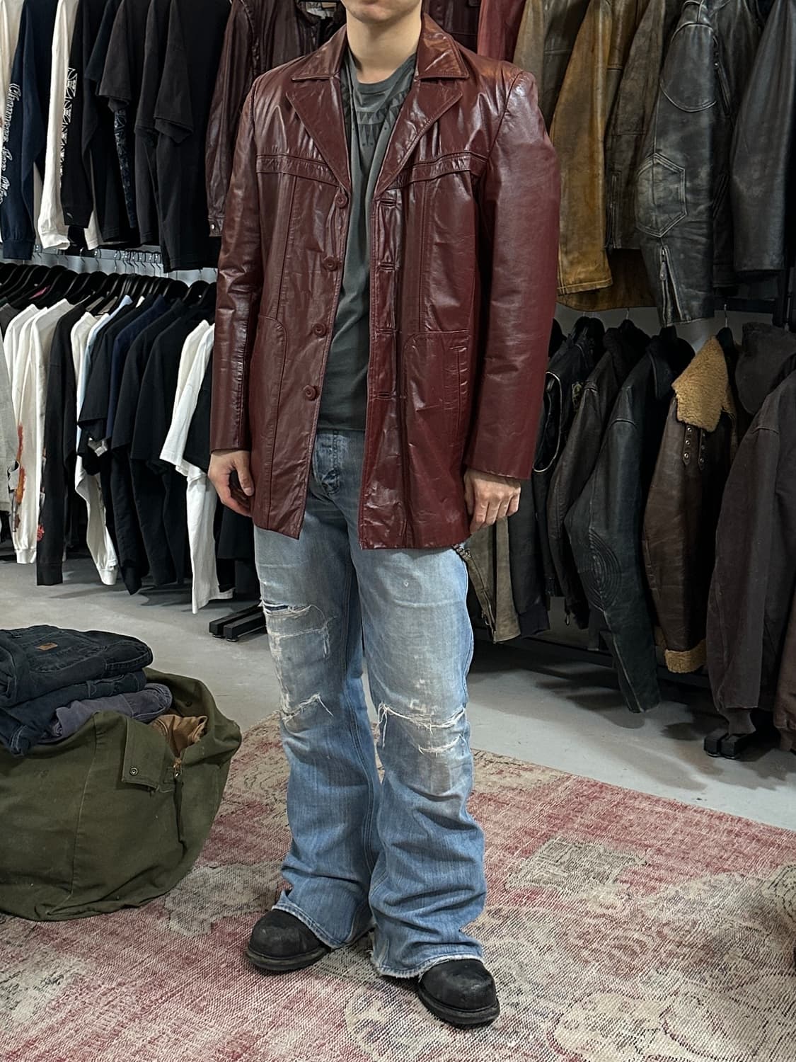 80’s 빈티지 버건디 레더 카코트 블레이저 파이트 클럽 상품이미지2