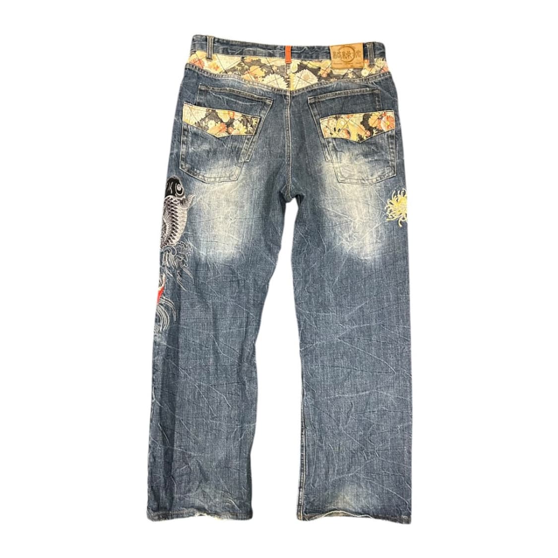 2XL) 카라쿠리 타마시 잉어&국화 자수 와이드 데님팬츠 BD-071 상품이미지6