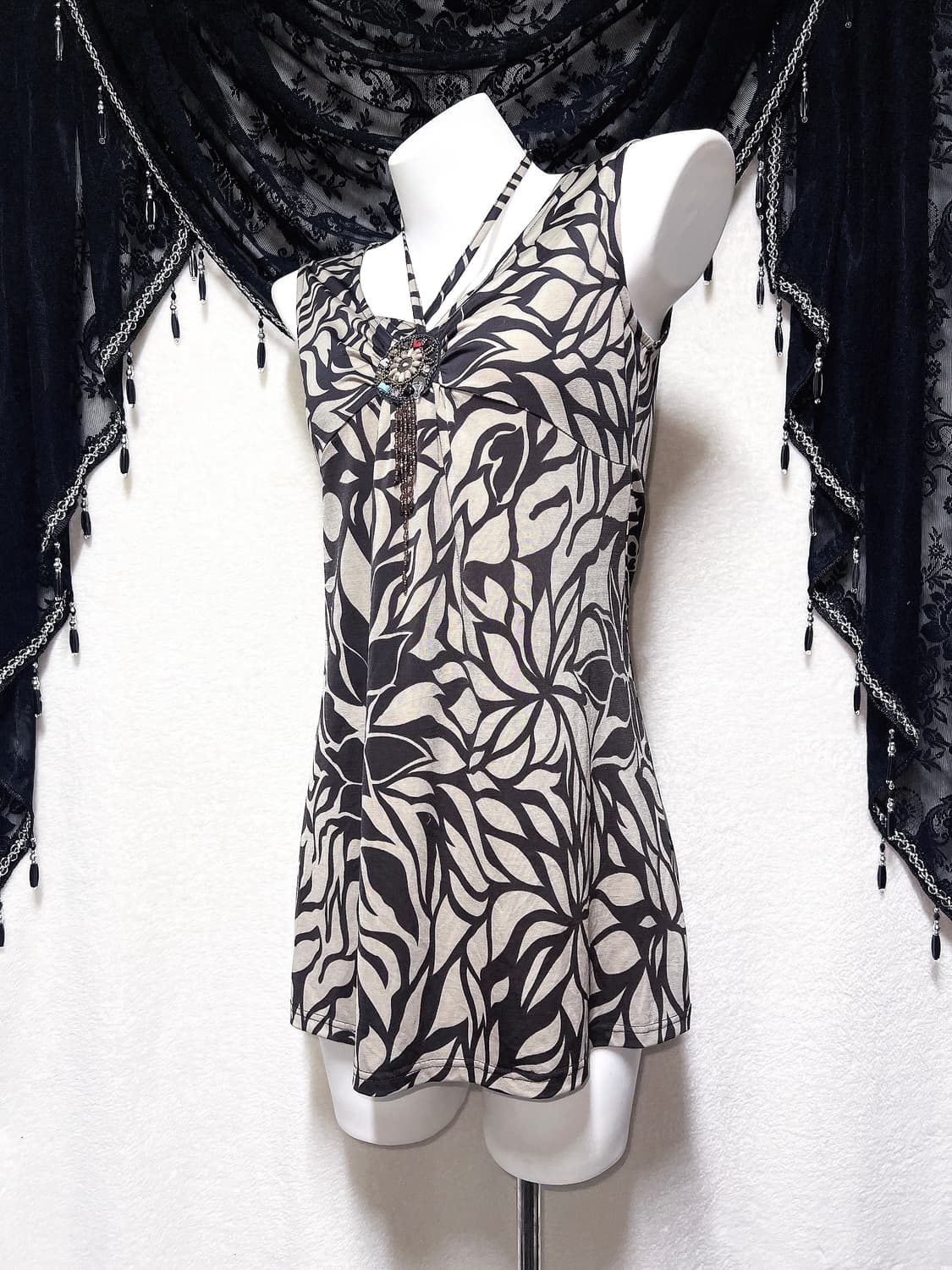 오리엔탈 페어리그런지 비즈장식 플라워패턴 슬리브리스 나시 핀터 미니원피스 상품이미지3